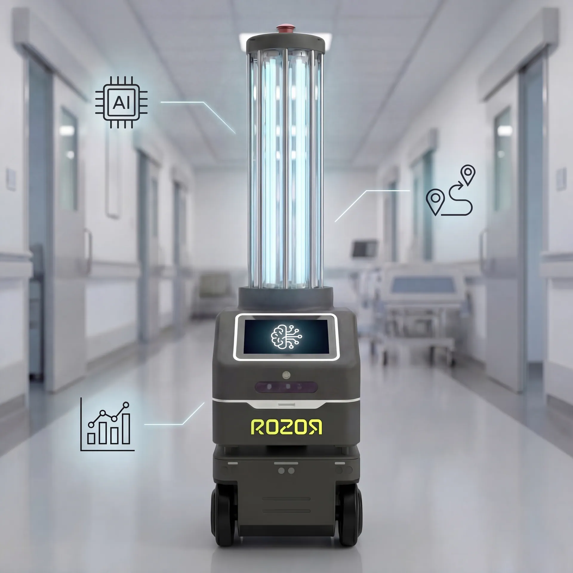 ROZOR disinfection robot operating in a hospital corridor with AI control, navigation, and analytics callouts