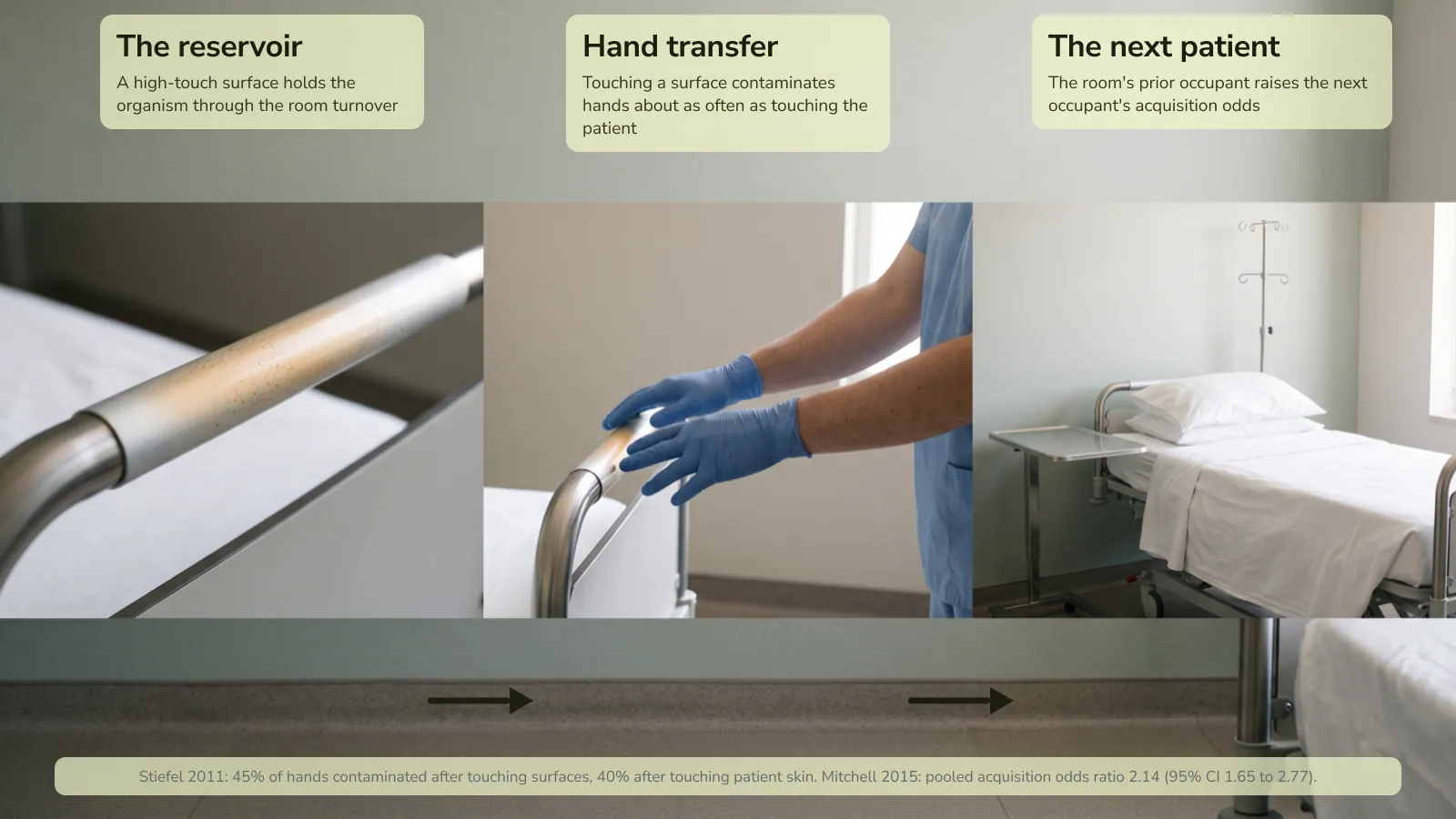 Diagram of hospital surface transmission: a pathogen on a high-touch bed rail survives room turnover, transfers to a gloved hand, and reaches the next patient's care zone.