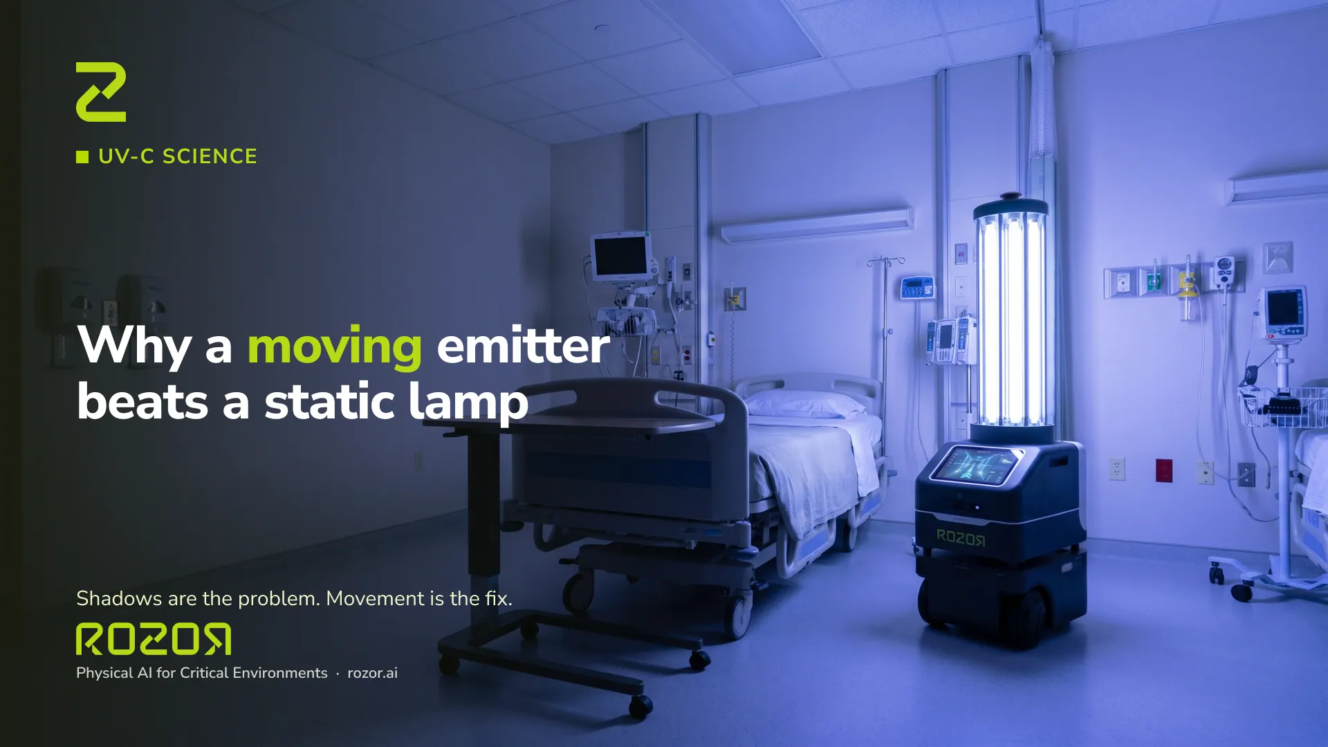 UV-C shadowing: why a moving emitter beats a static lamp — ROZOR