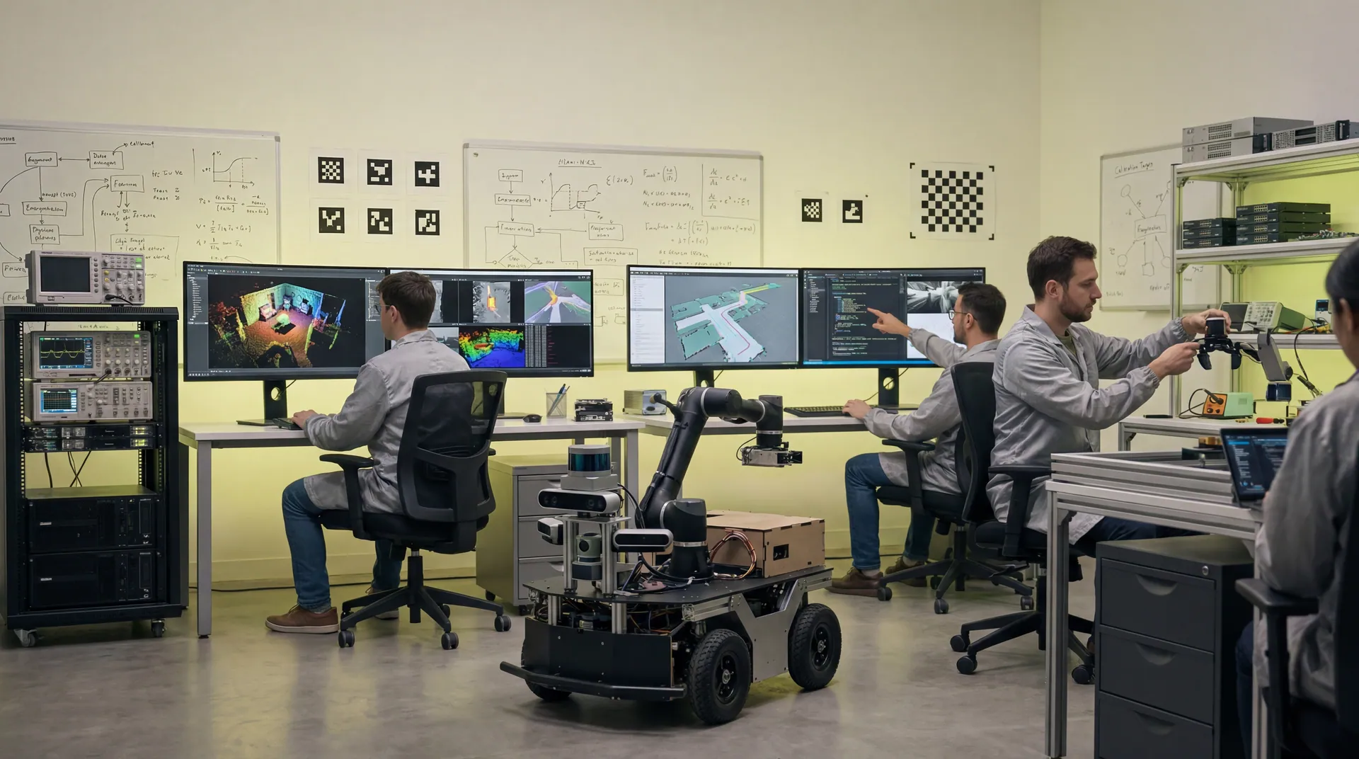 ROZOR engineering team in the Hamilton lab, engineers tuning a sensor-equipped robot with multiple monitors of live telemetry and design diagrams