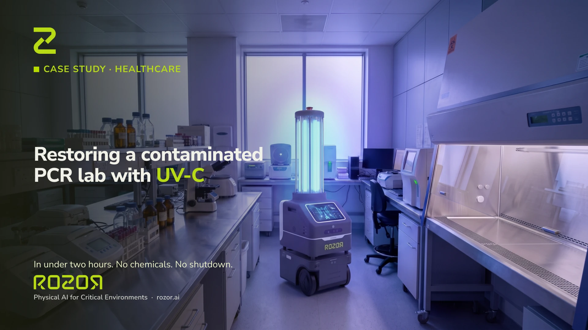 ROZOR Disinfection Robot running a 254 nm UVC cycle in a hospital molecular pathology PCR lab.