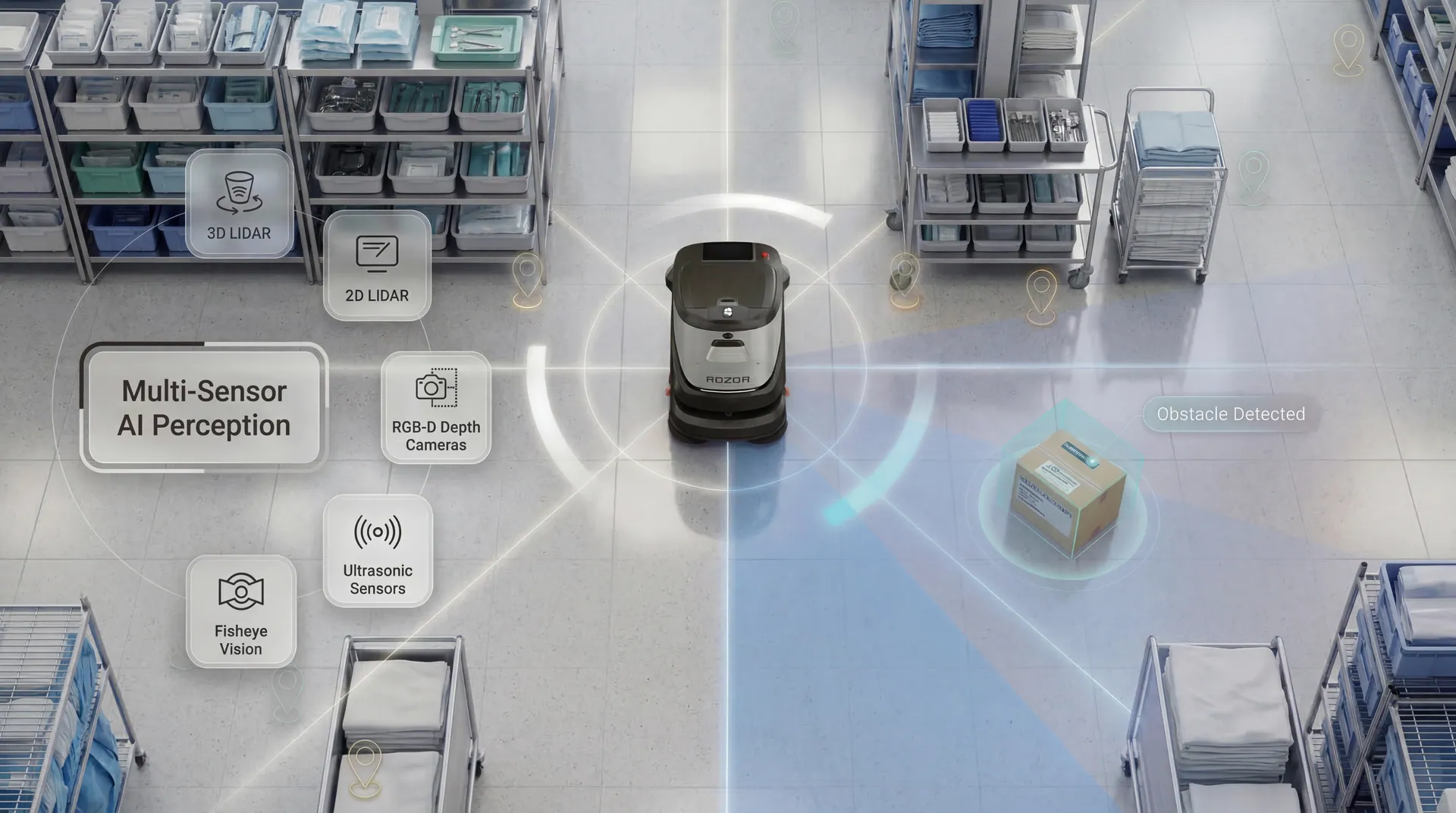 ROZOR Cleaning Multi-Sensor AI Perception with 3D LIDAR, 2D LIDAR, RGB-D depth cameras, ultrasonic sensors and fisheye vision detecting an obstacle in a retail aisle