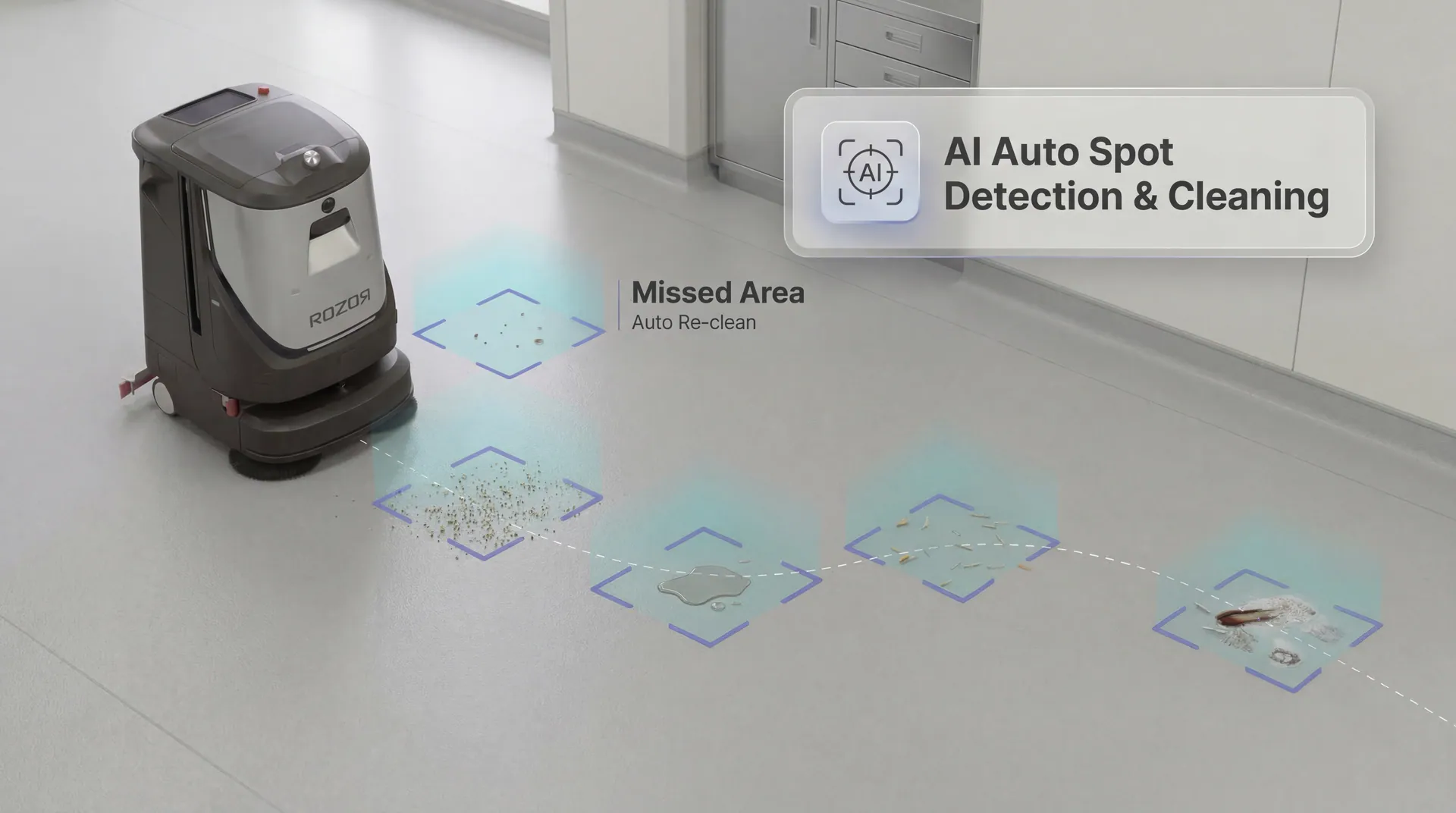 ROZOR Cleaning AI Auto Spot Detection identifying missed areas and triggering targeted re-cleaning