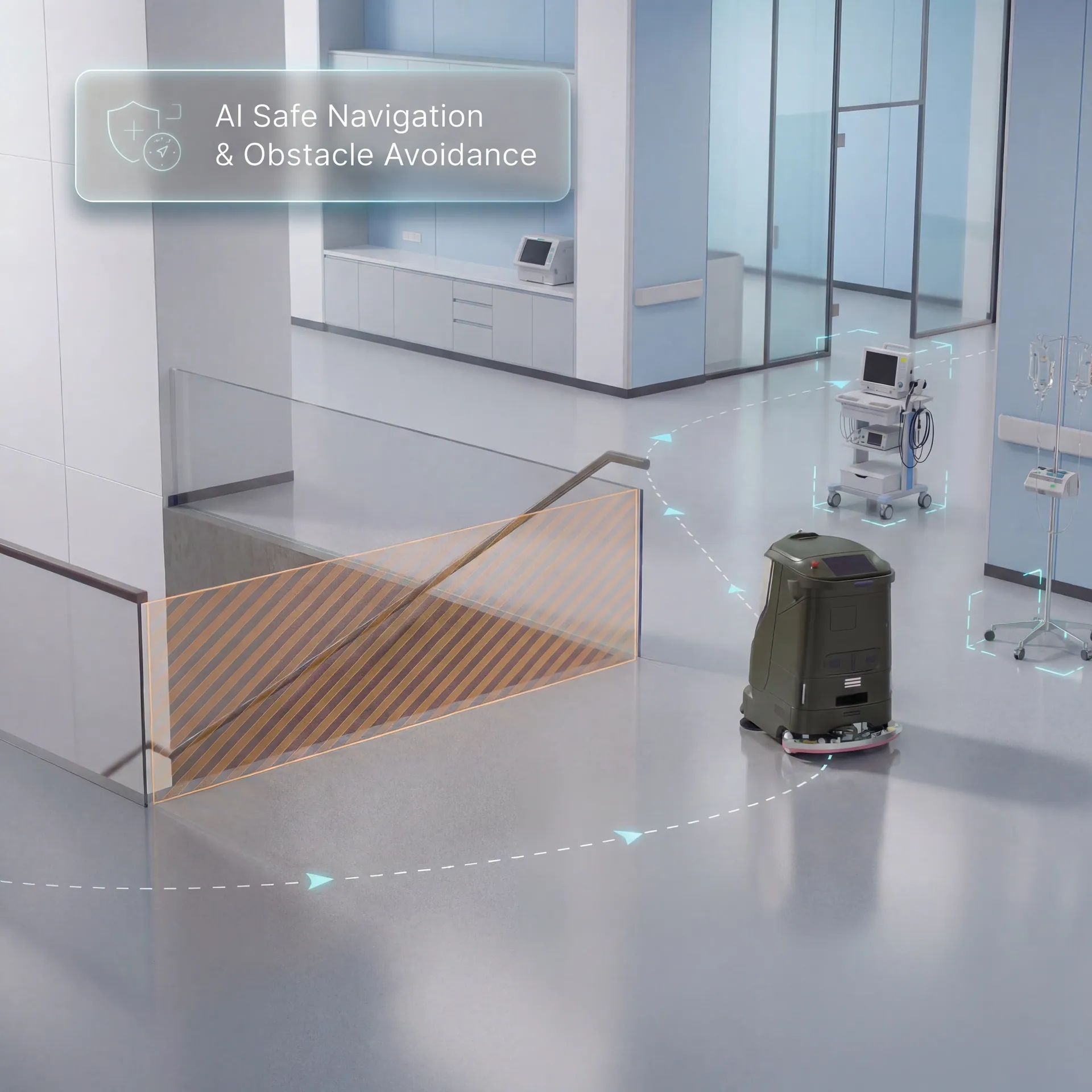 ROZOR Cleaning robot navigating around a glass barrier with AI obstacle avoidance and dynamic path replanning