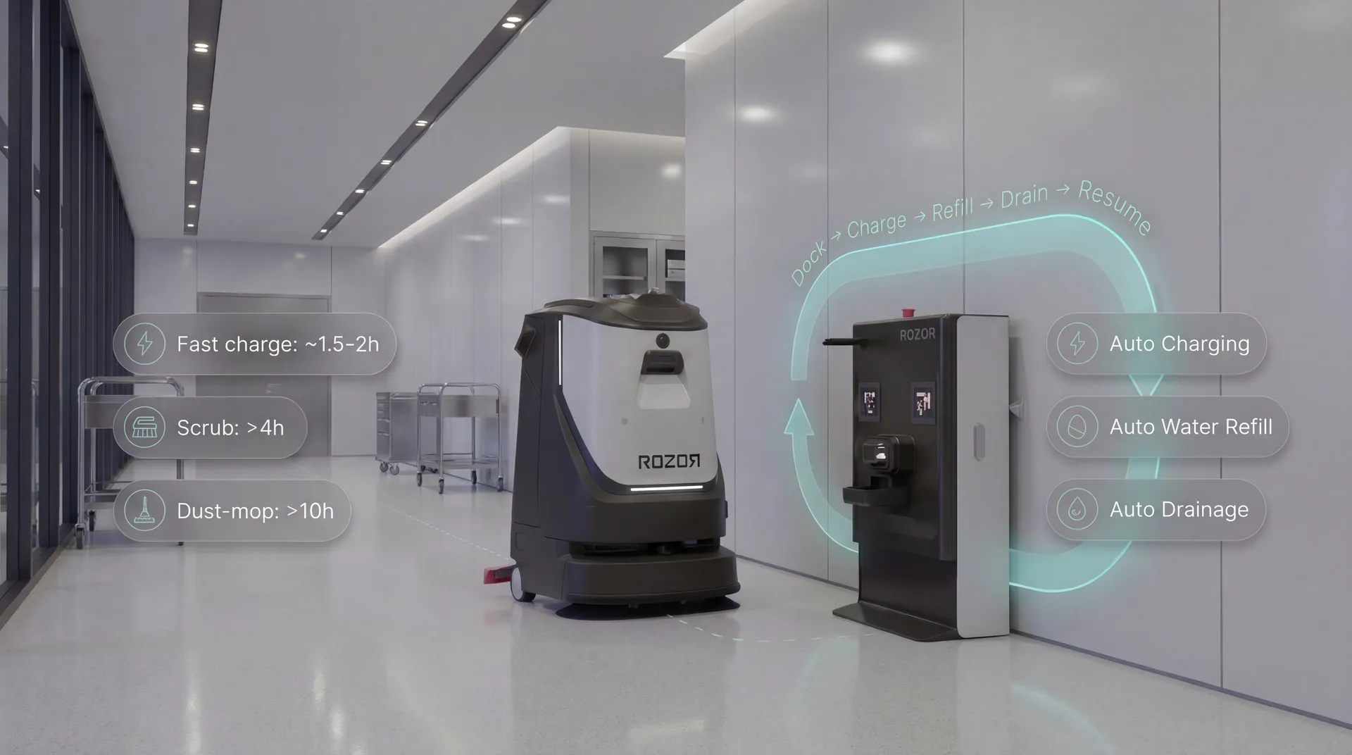 ROZOR Cleaning robot returning to its docking station for fast charging, water refill, and automatic drainage
