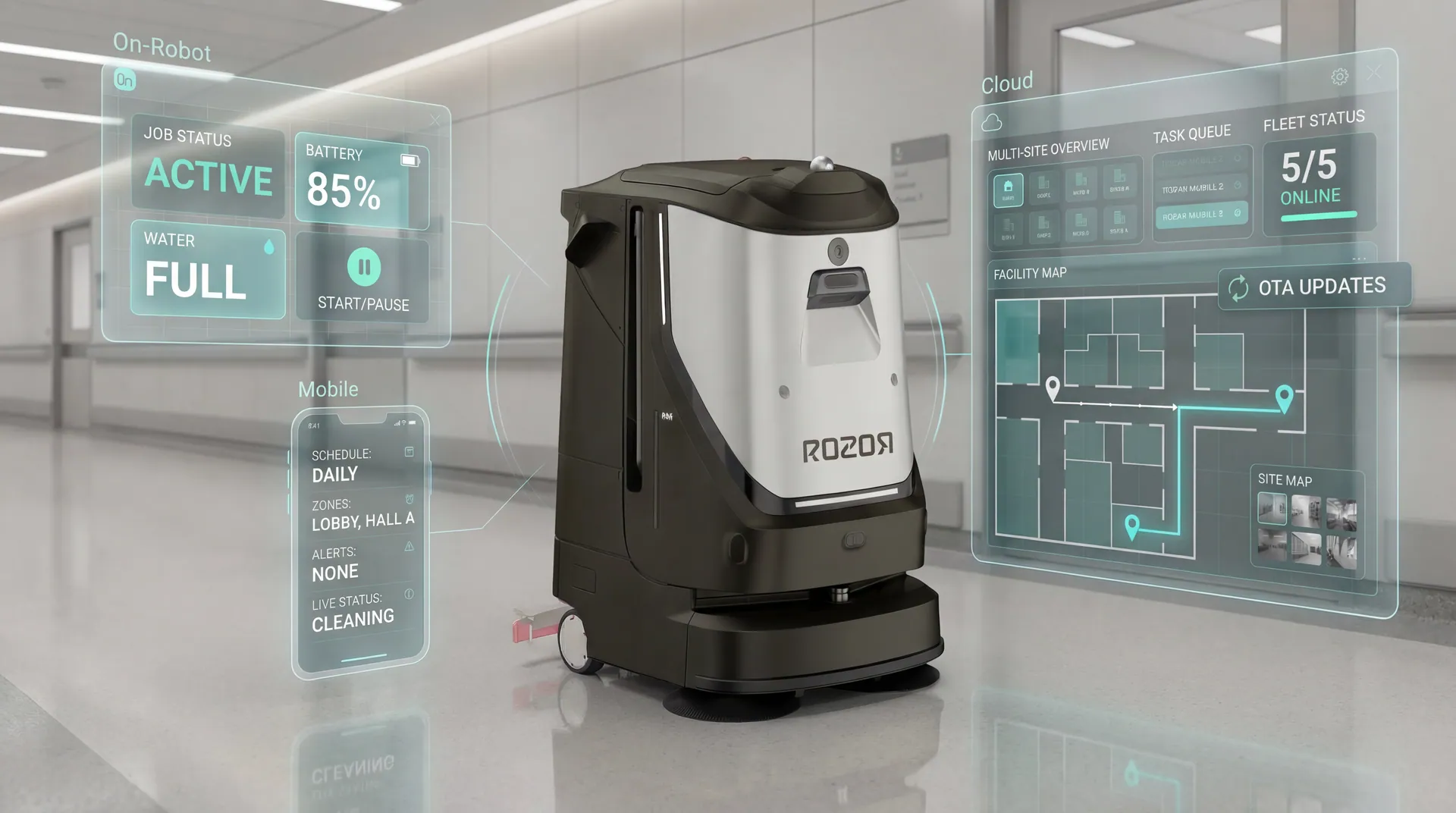 ROZOR Cleaning robot with cloud dashboard, mobile app, and on-robot interface showing fleet status, job queue and live activity map