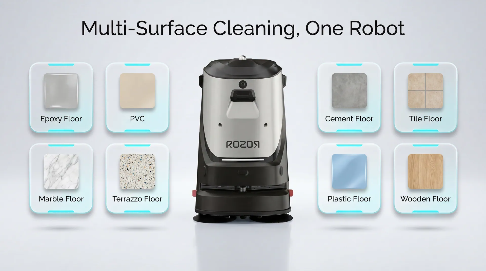 ROZOR Cleaning robot adapting across epoxy, PVC, marble, terrazzo, cement, tile, plastic and wooden floor surfaces