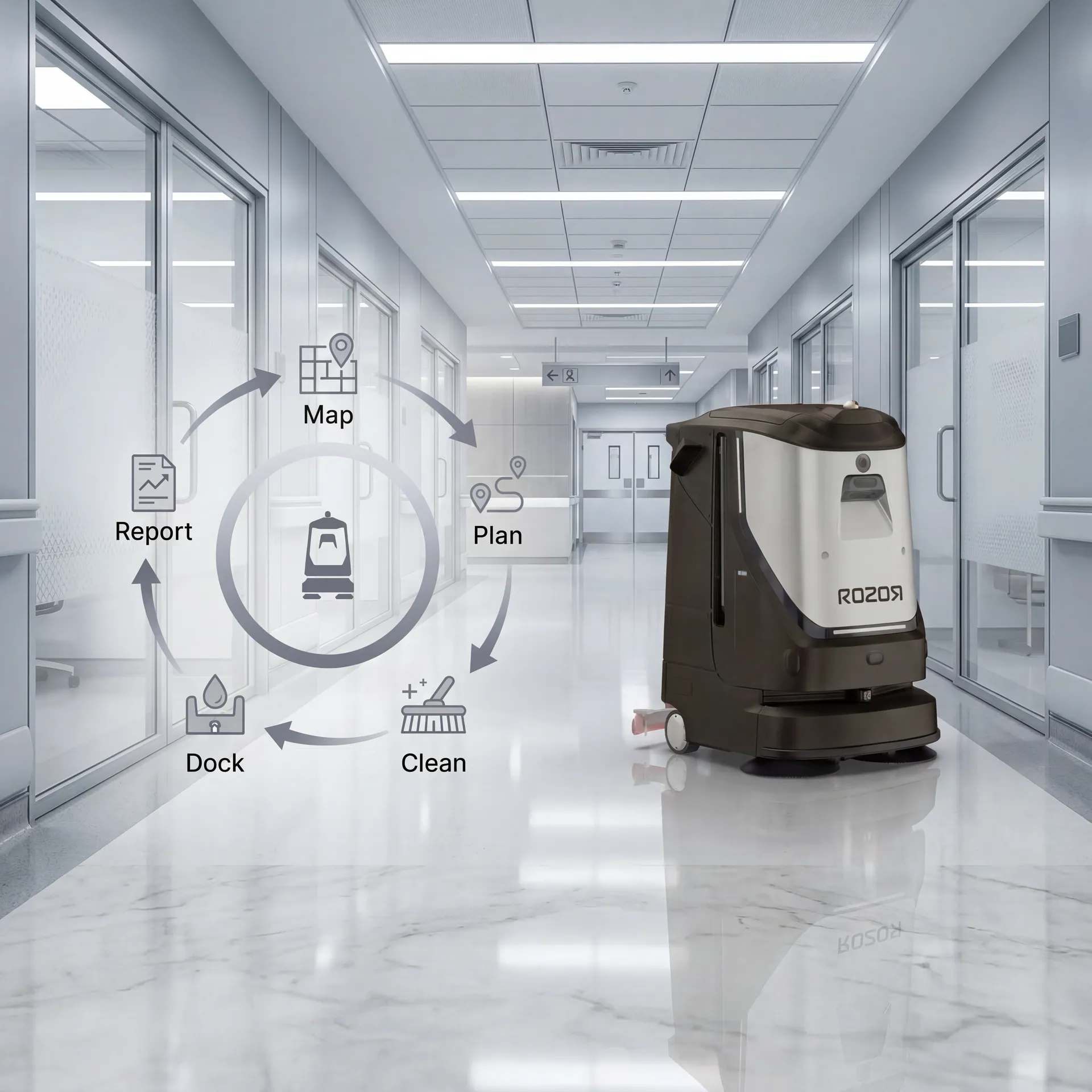 ROZOR Cleaning robot in a marble-floored corridor with the Map, Plan, Clean, Dock, Report autonomy loop diagram overlaid
