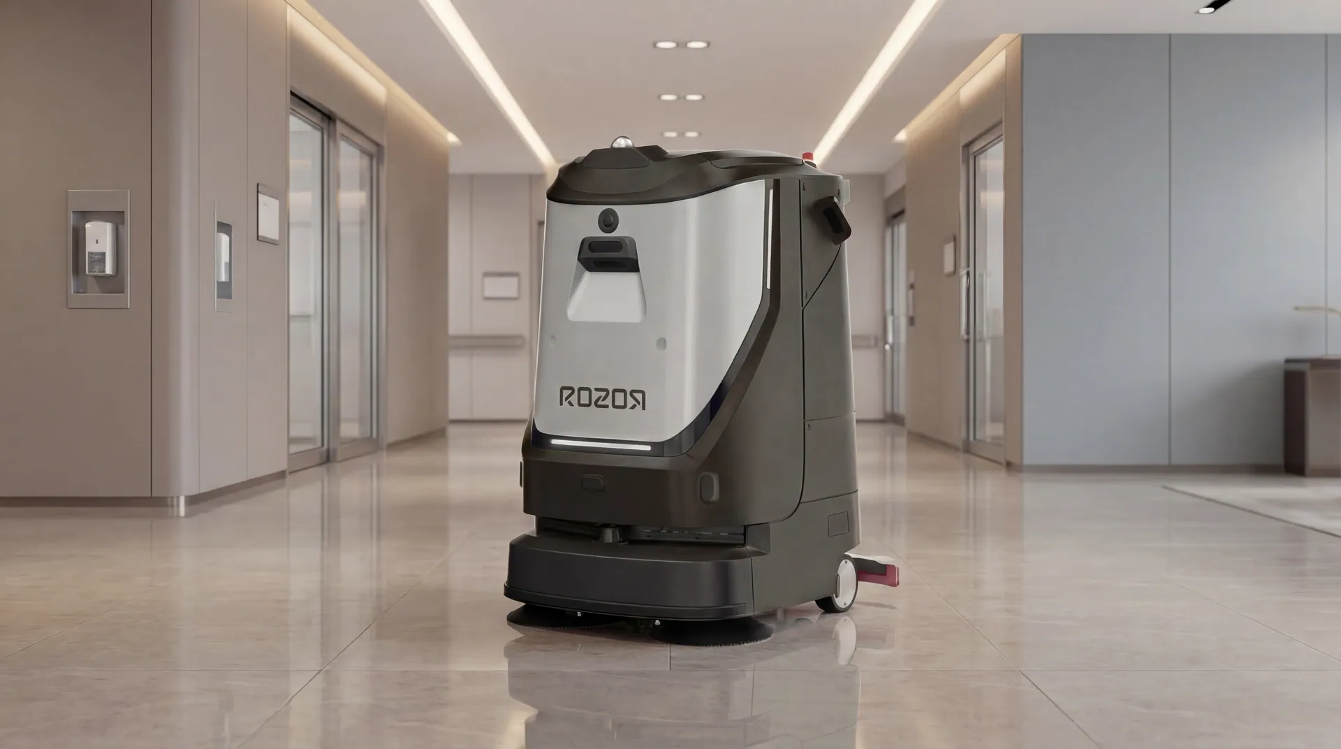 ROZOR Cleaning robot operating in a sunlit hospital corridor