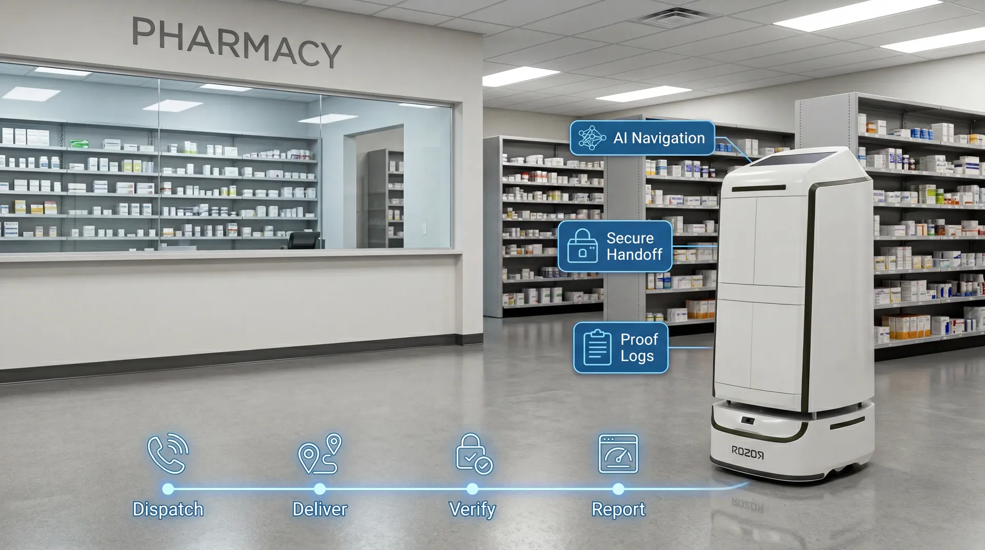 ROZOR Delivery navigating a hospital pharmacy corridor with AI navigation, secure handoff, and proof-log overlays