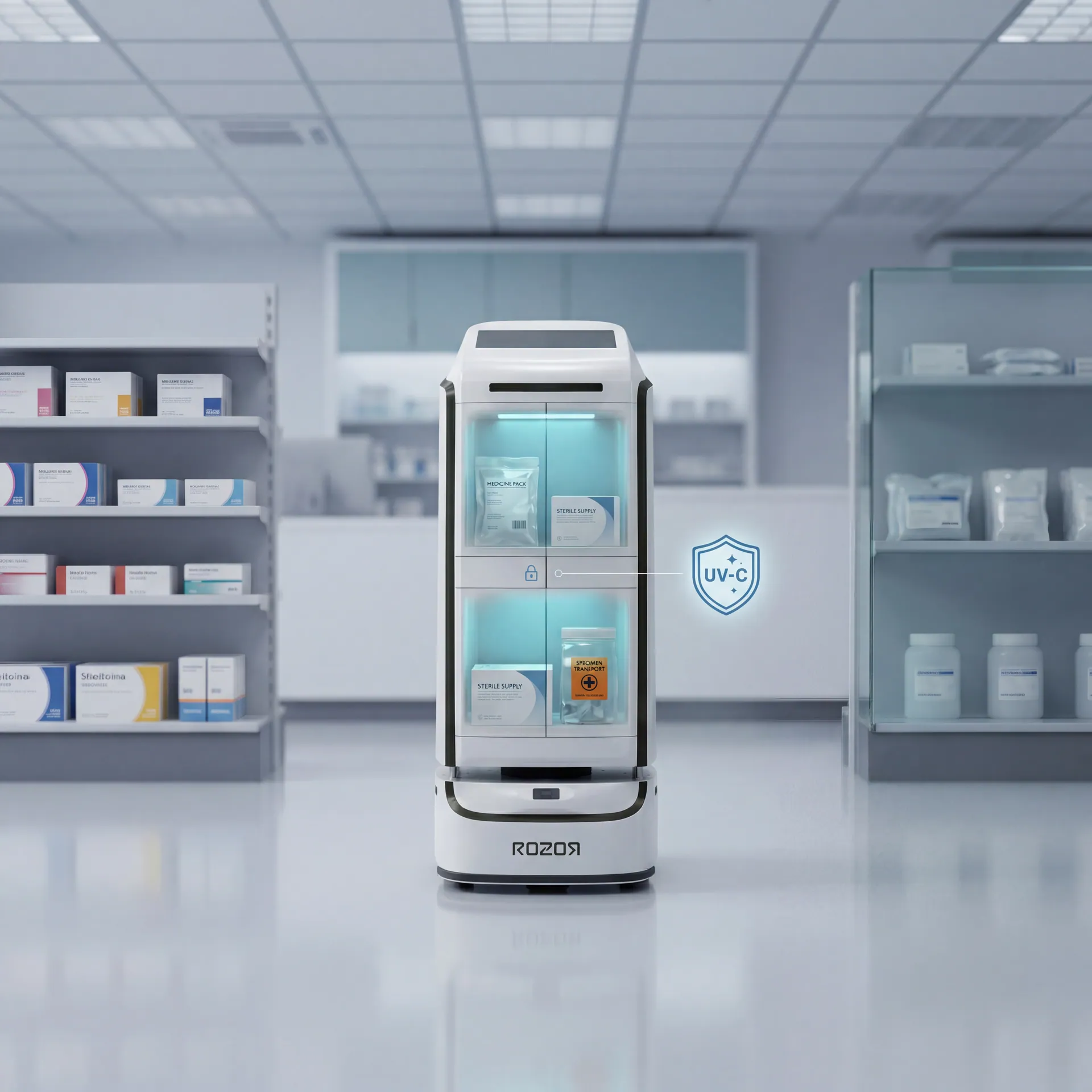 ROZOR Delivery robot in pharmacy with UV-C disinfection cycle running inside its compartment
