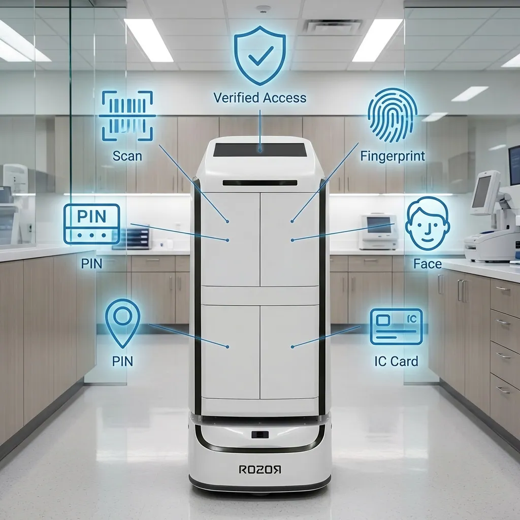 ROZOR Delivery robot showing multi-factor access methods including PIN, fingerprint, face, and IC card