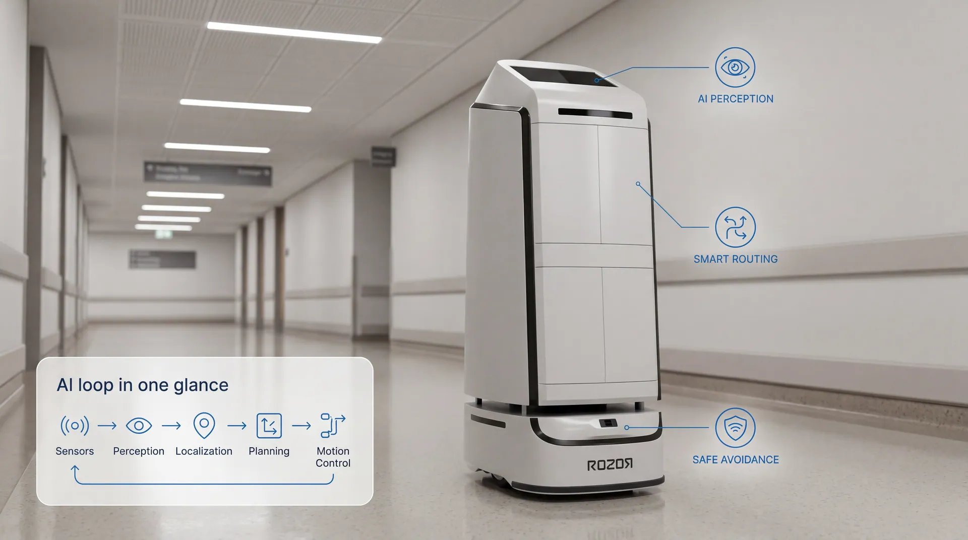 ROZOR Delivery robot in hospital corridor with AI perception and smart routing overlays