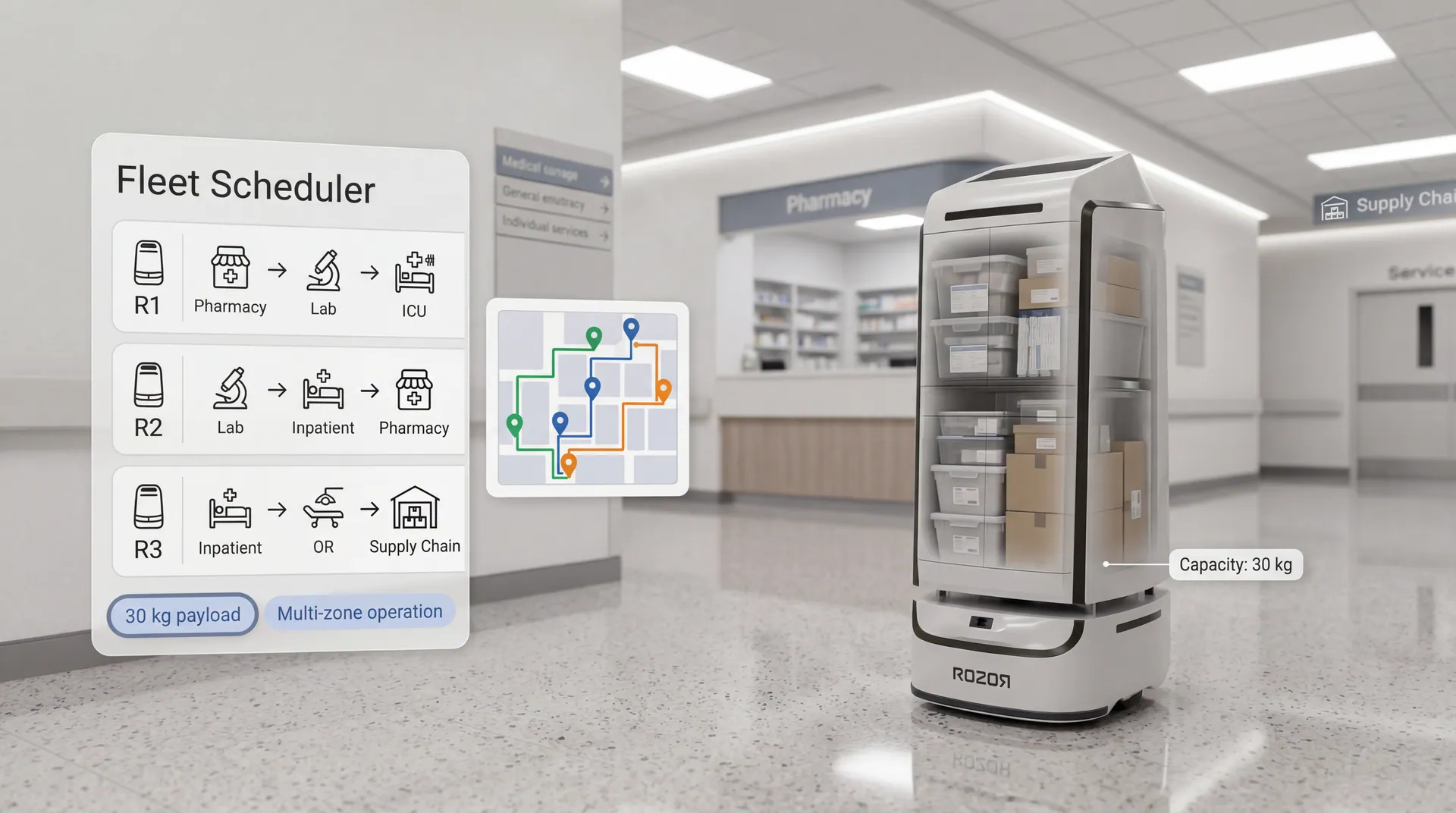 ROZOR Delivery robot loaded with supply boxes near a fleet scheduler interface showing multi-zone routes