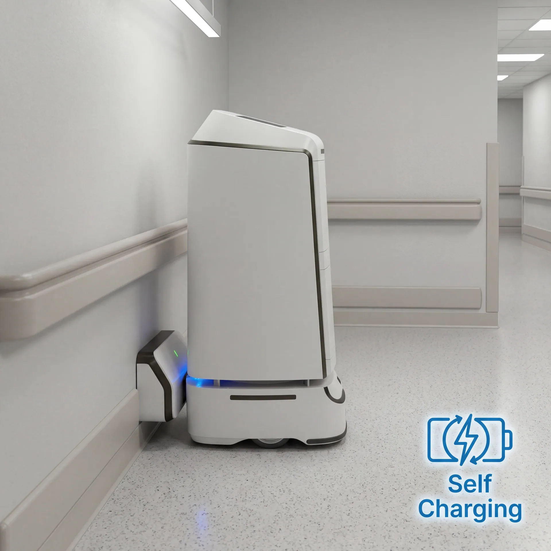 ROZOR Delivery robot docked at corridor self-charging station