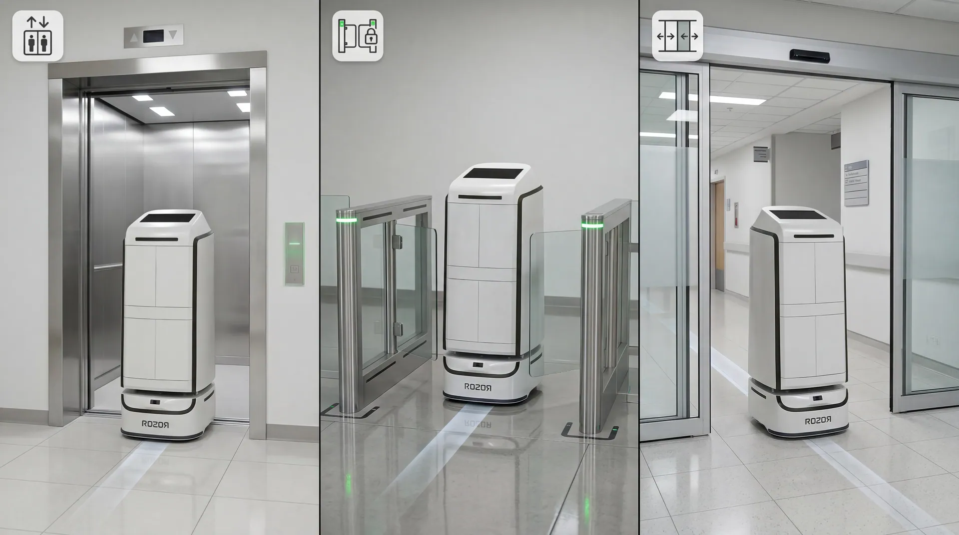 ROZOR Delivery robot calling an elevator, passing an access gate, and opening an automatic door