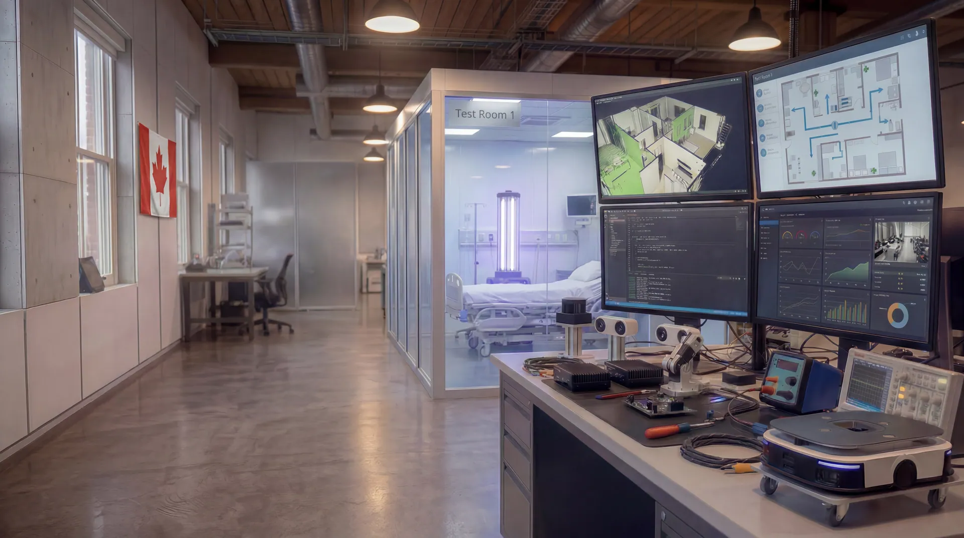 ROZOR's Hamilton AI robotics R&D lab, engineering workstation with multi-monitor stack, oscilloscope, and sensor equipment on the right; glassy hospital test room in the mid-ground with a UVC disinfection robot mid-cycle behind a hospital bed (UV tower glowing cool blue-white through the glass); Canadian flag mounted on the left side wall between two windows.