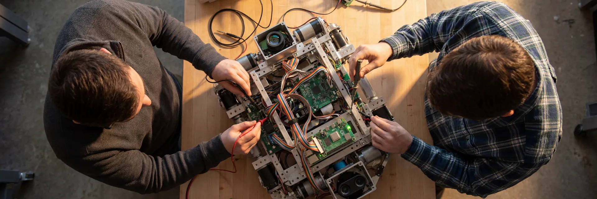 Top-down overhead view of two ROZOR engineers collaborating on a sophisticated work-in-progress robotics development build at a workbench in the Hamilton AI robotics lab, warm directional light raking across the scene.