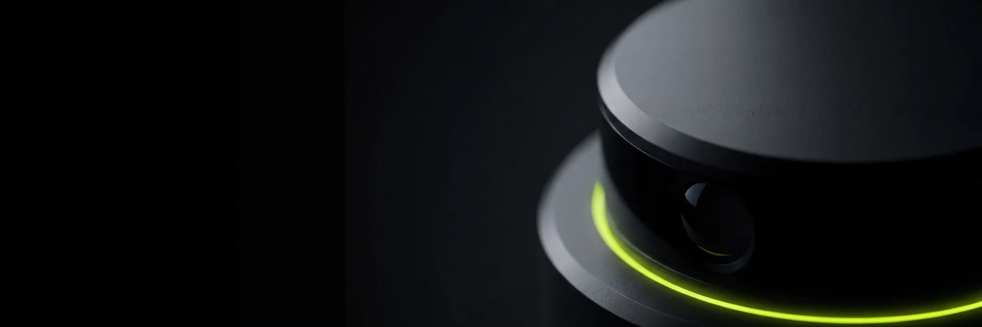 A close-up of a sleek black cylindrical lidar sensor with a thin ring of Neon Core lime light glowing at its base, on a deep-shadow studio background, a quiet visual signature of the ROZOR engineering platform.