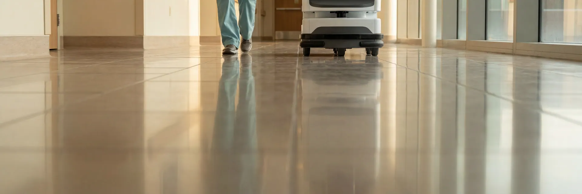 A polished hospital corridor at warm late-afternoon light, captured from a low ground-level camera angle, a healthcare worker's lower legs and a partial autonomous service robot are visible at the upper edge of the frame, both throwing soft reflections in the floor.