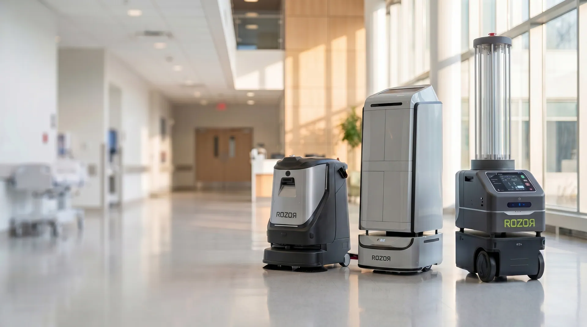ROZOR robots operating alongside staff in a modern healthcare environment