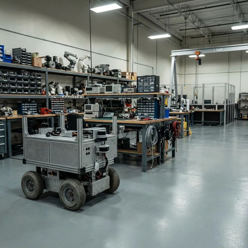ROZOR engineering workshop, autonomous robotics platform on the lab floor surrounded by component shelves and assembly benches