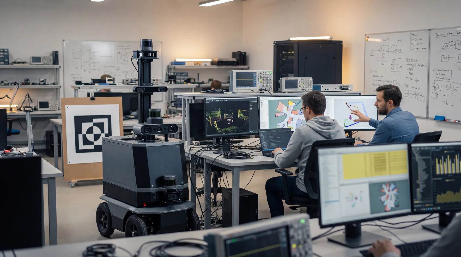 ROZOR engineers calibrating a sensor-equipped platform with live telemetry on multiple monitors