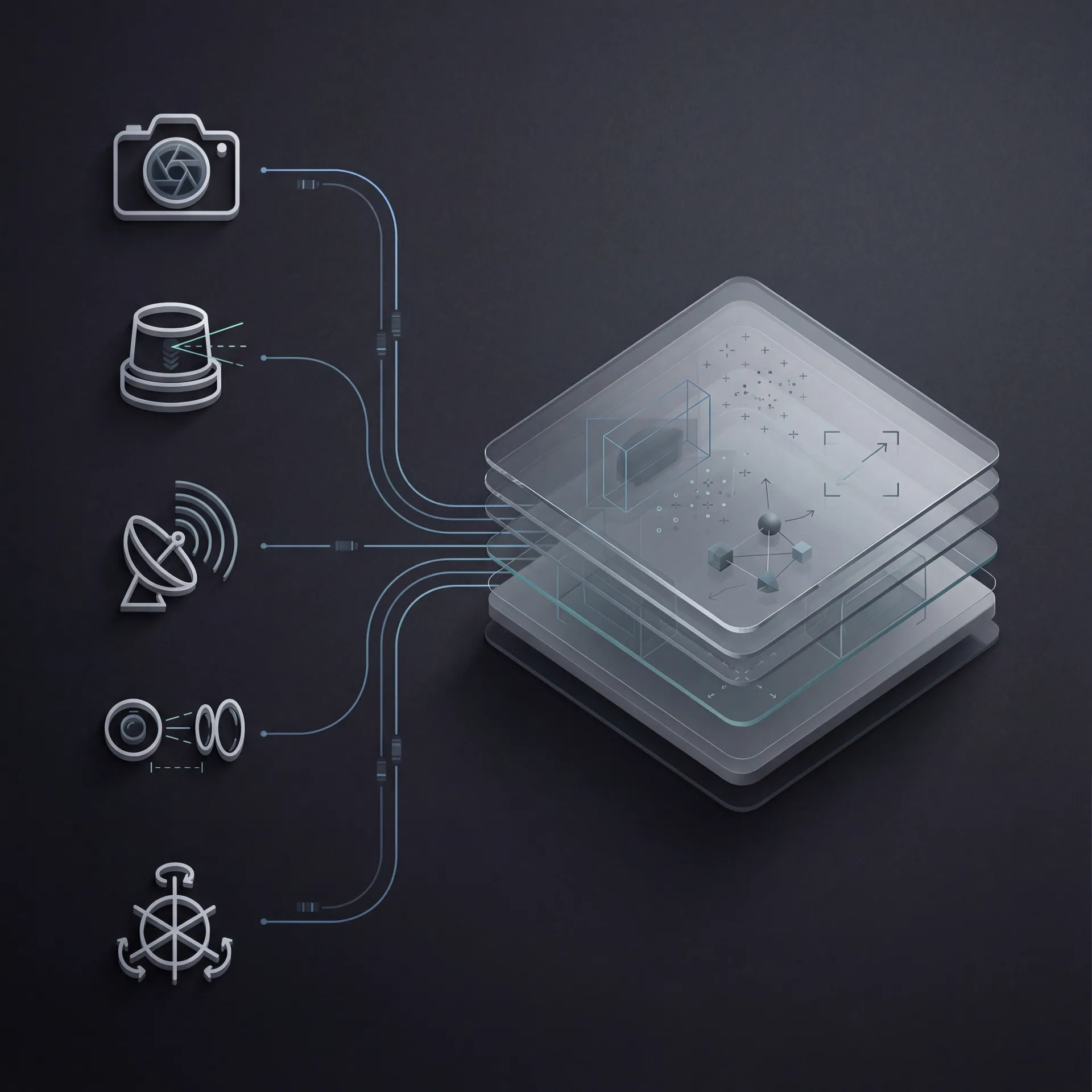 Layered glass cubes representing ROZOR AI vision and perception stack