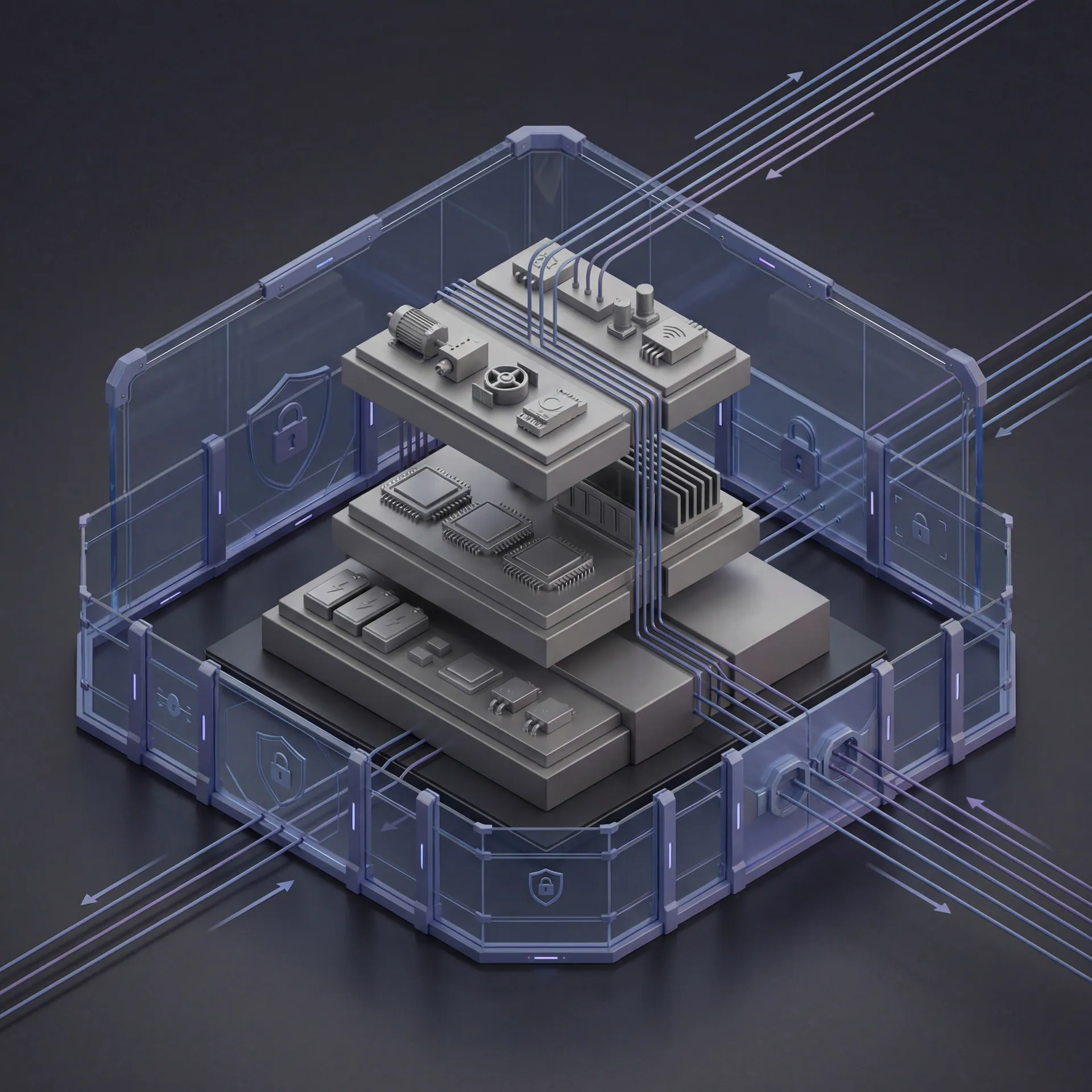 Layered hardware stack inside a protective enclosure representing ROZOR systems infrastructure